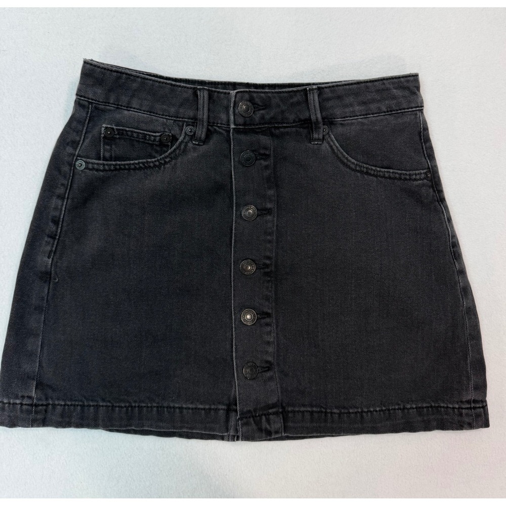 American Eagle Womens Black Denim Button Front Mini Skirt Size 2 A-Line Casual